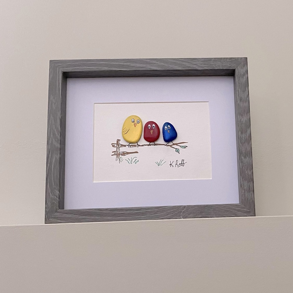 Original pebble art 3 birds - Feathered Friends. Framed ready to sit or hang